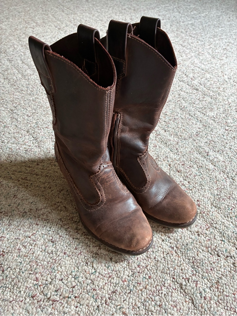 Women's Brown Leather Mid-Calf Heeled Boots - Classic Riding Style